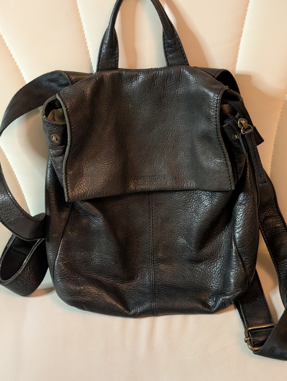 American Leather Co Genuine Super Soft Leather Backpack Black Top Sides Snaps